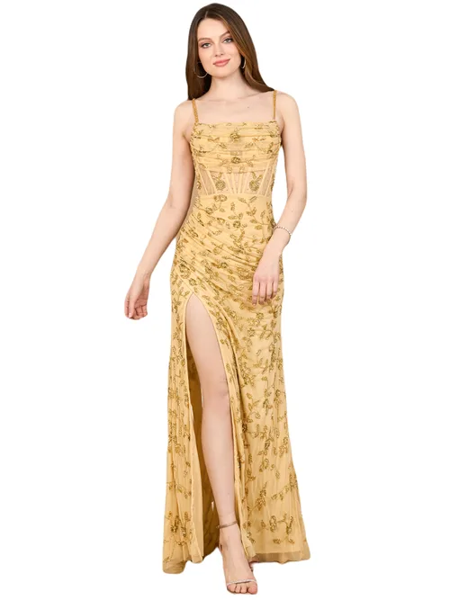 Beaded Faux-Wrap V-Neck Bridal Gown by LARA New York