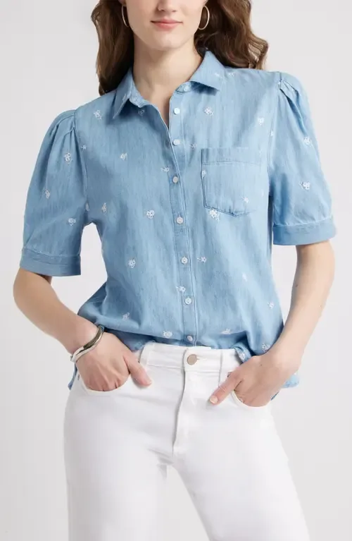 Embroidered Short Sleeve Chambray Button-Up Shirt by caslon(r)