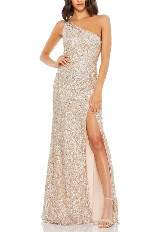 Sequin One Shoulder Gown W/ Embellishments