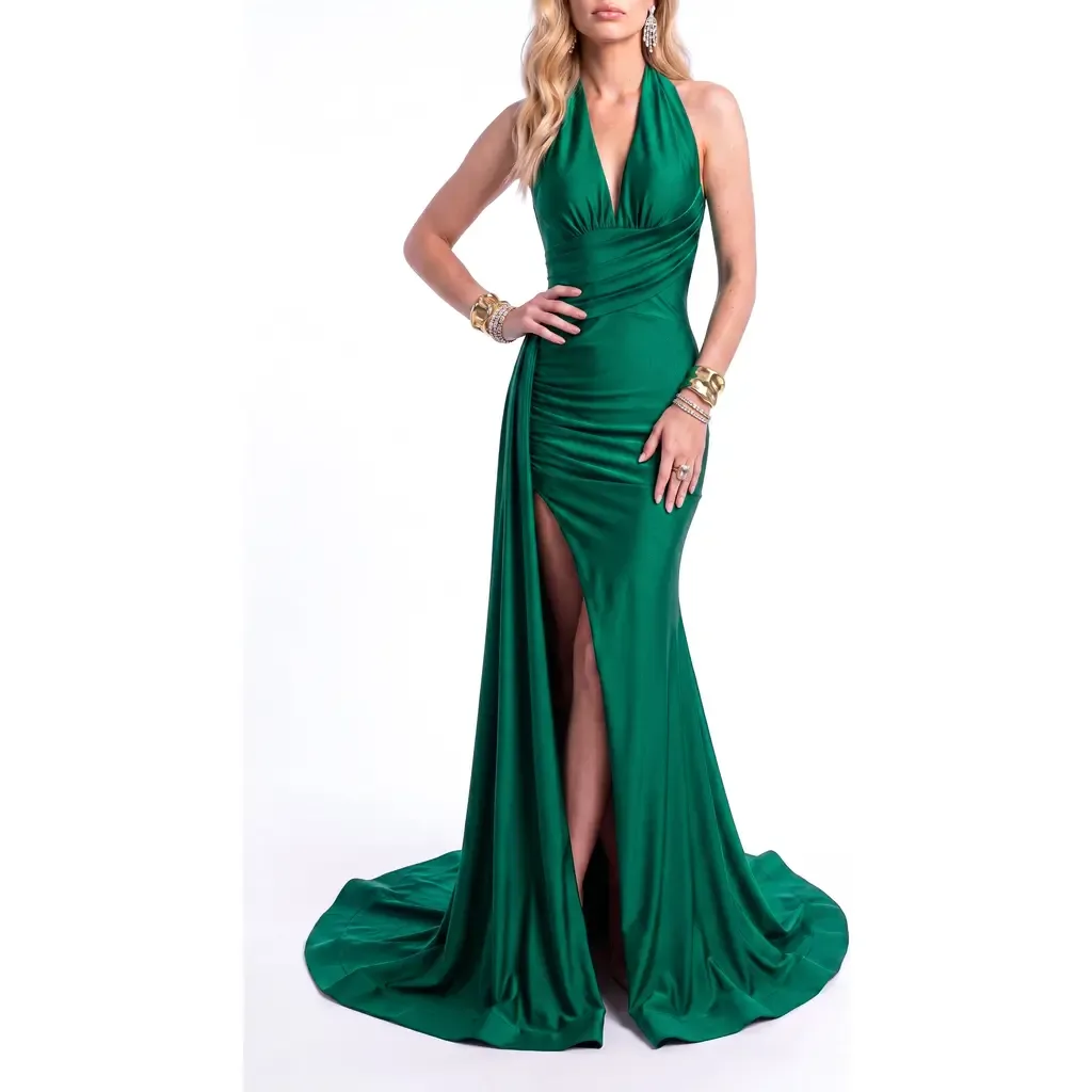 Ruched Halter Mermaid Gown with Side Drape and Slit by Jessica Angel