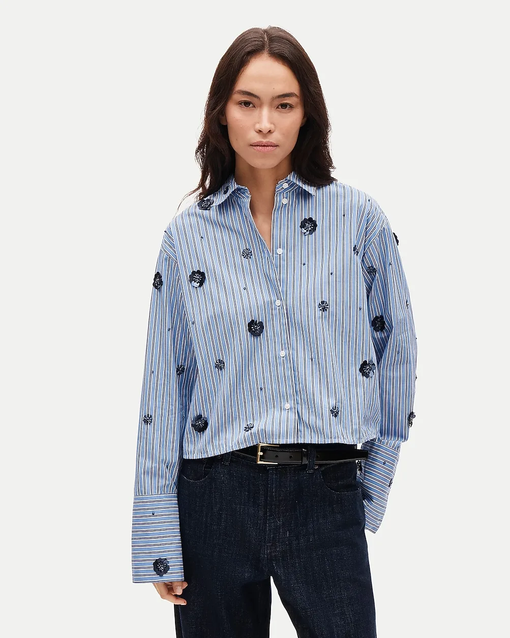Esme Cropped Button-Up Shirt in Embellished Striped Cotton Poplin by J.Crew