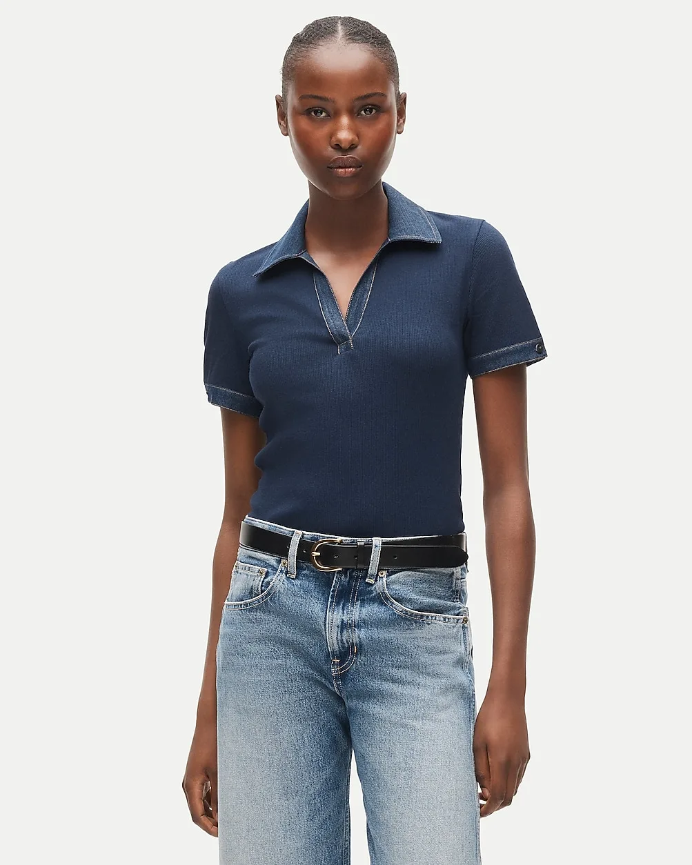 Perfect Rib Johnny-Collar Top with Denim Trim by J.Crew