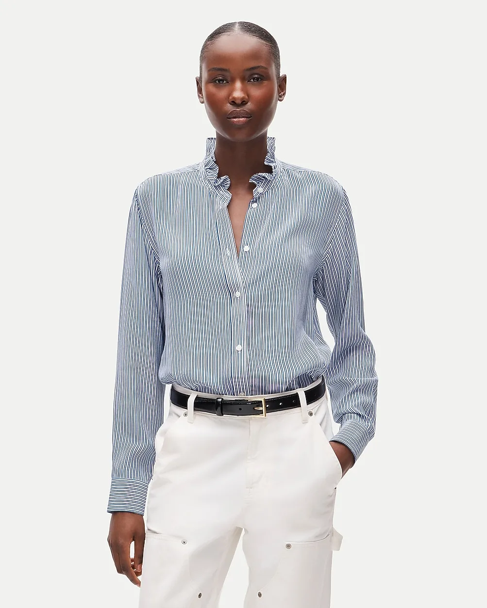 Jules Ruffle-Collar Button-Up Shirt in Striped Crepe De Chine by J.Crew