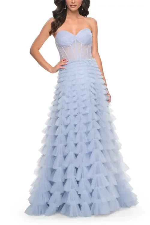 A-Line Ruffle Tulle Prom Dress with Sweetheart Top by La Femme