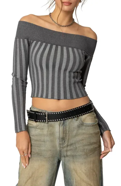 Daren Off the Shoulder Ribbed Crop Sweater by EDIKTED