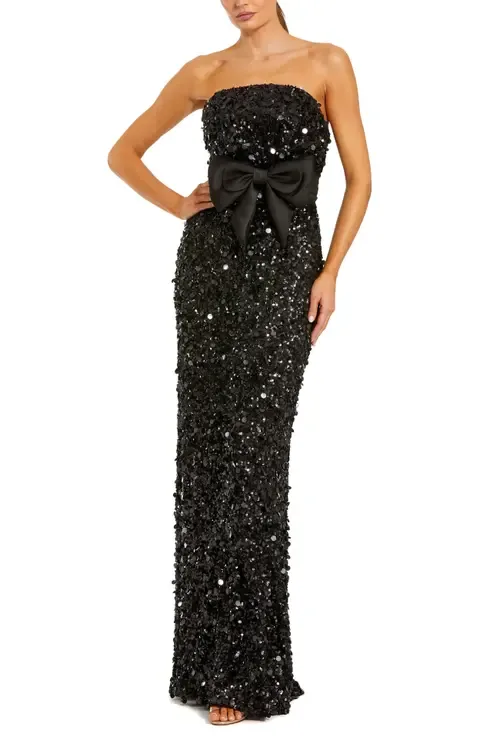 Strapless Sequin Column Evening Gown with Bow