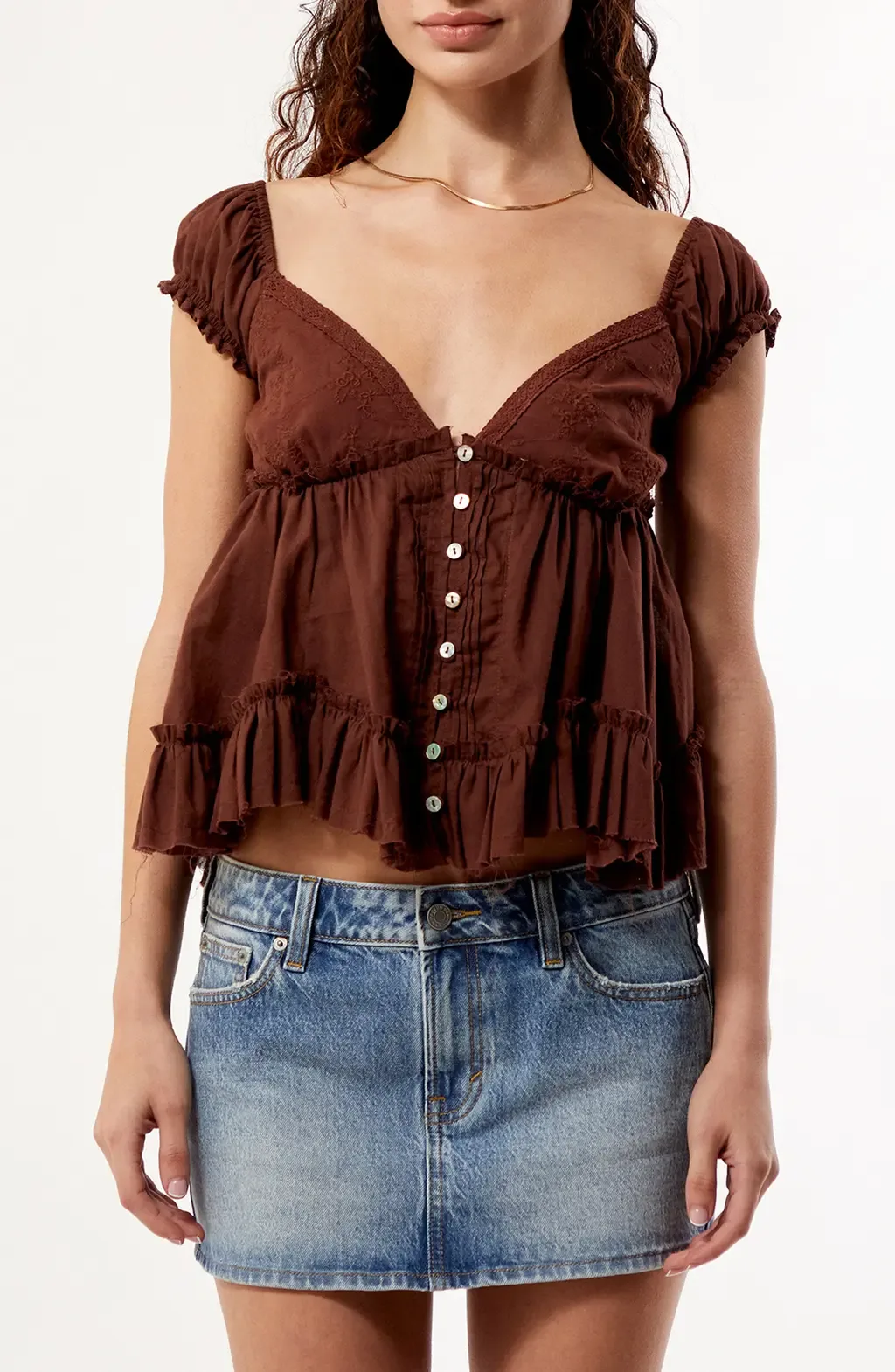Ellie Lace Trim Embroidered Bodice Smocked Back Cotton Top
