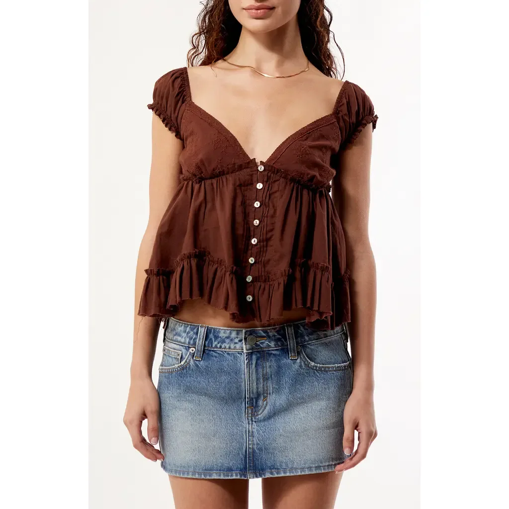 Ellie Lace Trim Embroidered Bodice Smocked Back Cotton Top by PacSun