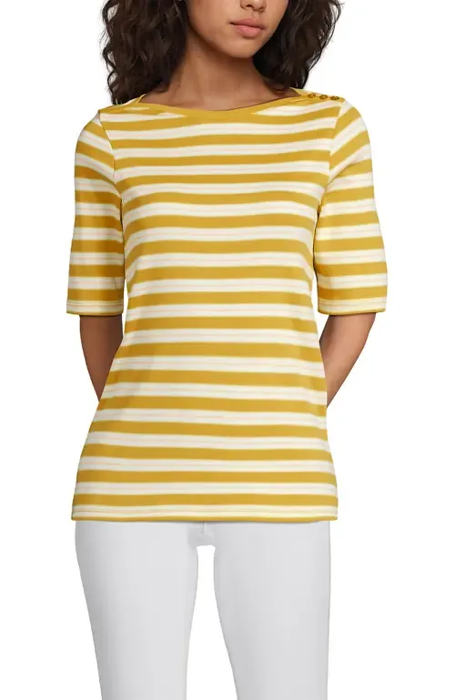 Supima Cotton Elbow Sleeve Boatneck Button Shoulder Tee by Lands' End