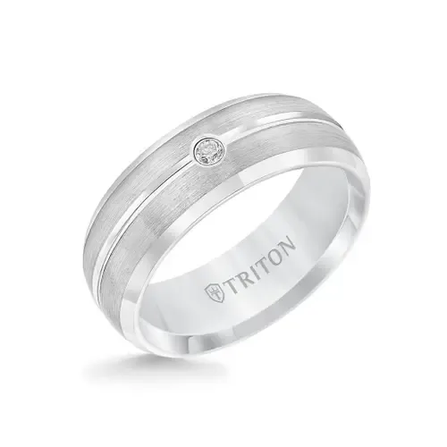 8MM Tungsten Carbide Rings with Single Diamond Center and Domed Bevel Edge by Triton