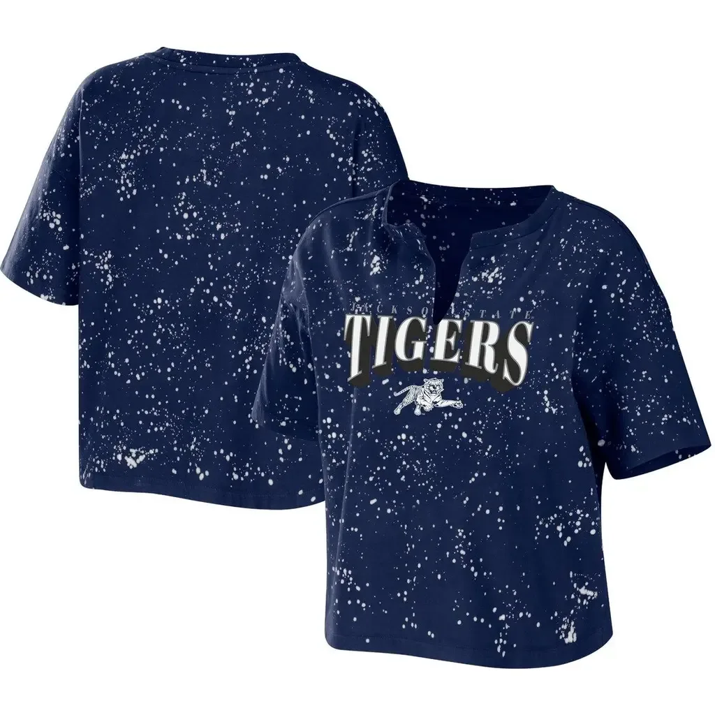 WEAR by Erin Andrews Navy Jackson State Tigers Bleach Wash Splatter Cropped Notch Neck T-Shirt by WEAR by Erin Andrews