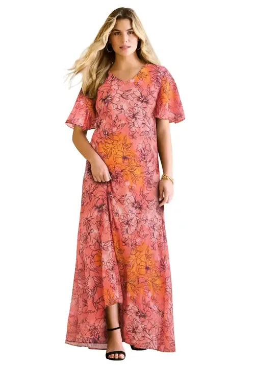 Hand Crinkled Flutter Sleeve Maxi Dress