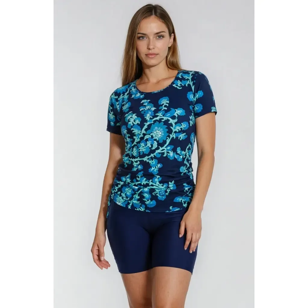 Short Sleeve Adele Swim Top and Navy Mid-Thigh Swim Shorts Set by Calypsa