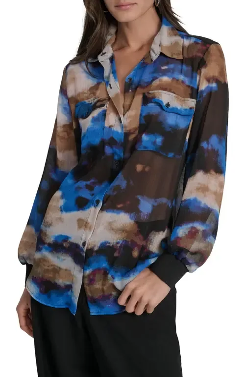 Floral Print Long Sleeve Chiffon Shirt by DKNY