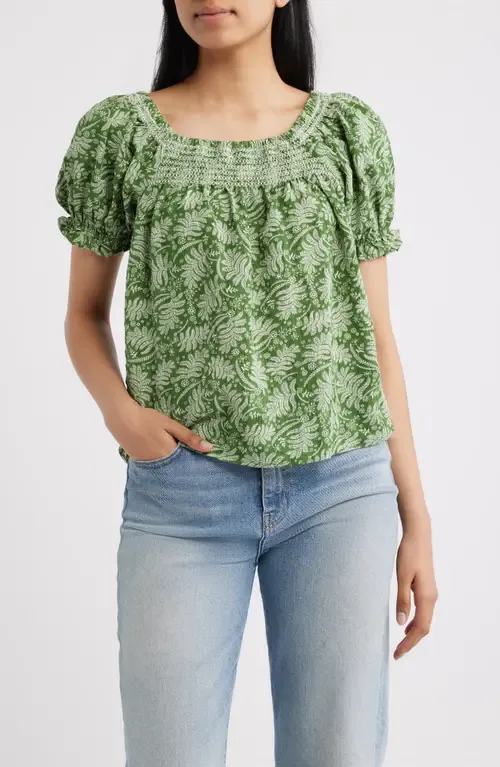 Leaf Print Smocked Yoke Top by Bobeau