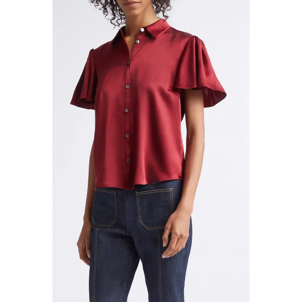 Fiona Flutter Sleeve Silk Satin Button-Up Shirt by Cinq à Sept