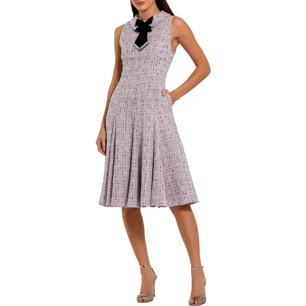 Sleeveless Boucle A-Line Midi Dress with Bow by Mac Duggal
