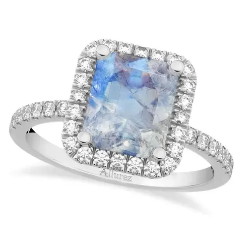 Emerald-Cut Lab Moonstone & Diamond Engagement Ring 14k by ALLUREZ