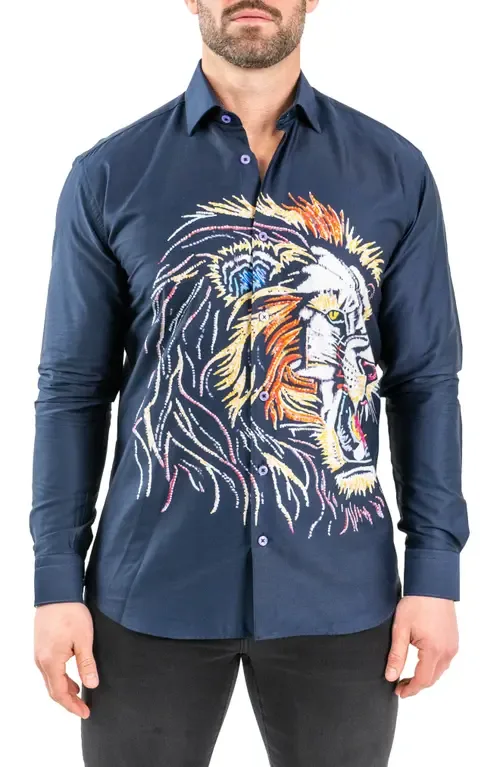 Fibonacci Lion Embroidered Contemporary Fit Button-Up Shirt by Maceoo