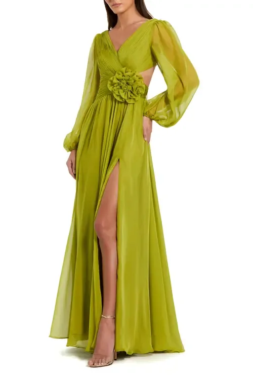 Long Sleeve V Neck Chiffon Gown with 3D Flower by Mac Duggal
