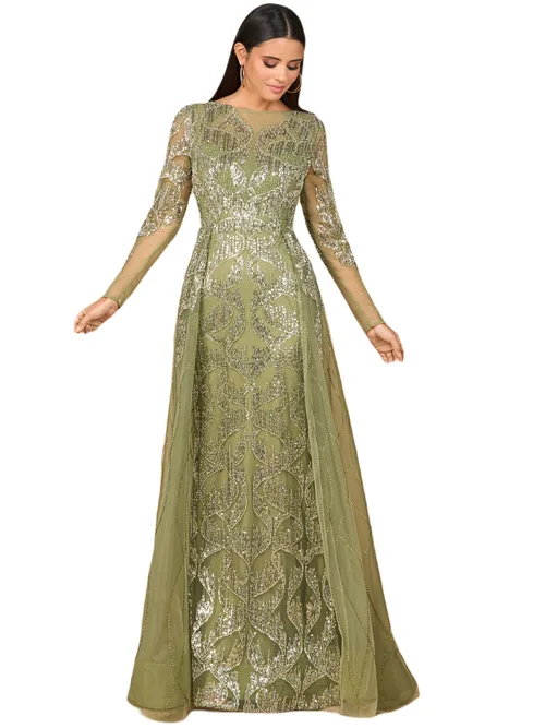 Long Sleeve Gown with Overskirt & High Neck by LARA New York