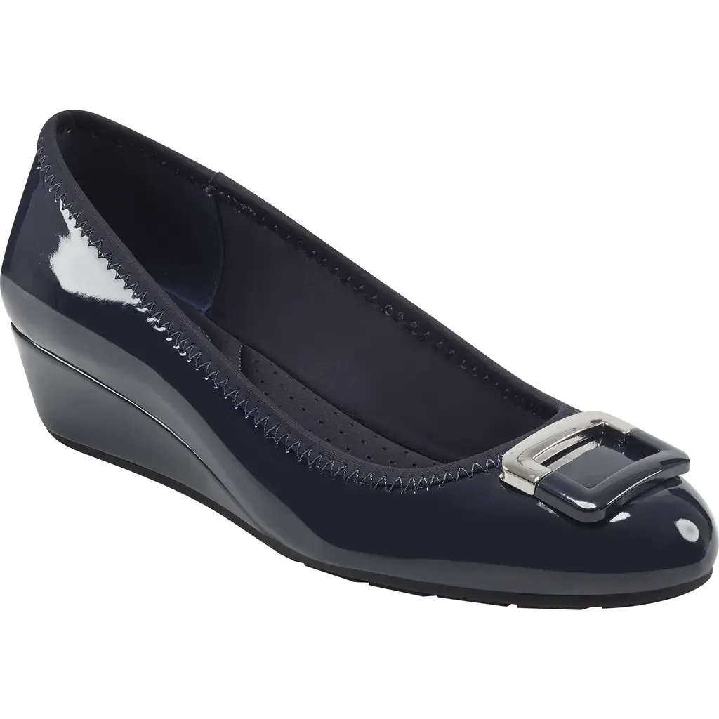Wedge Pump in Navy Blue Patent by Bandolino