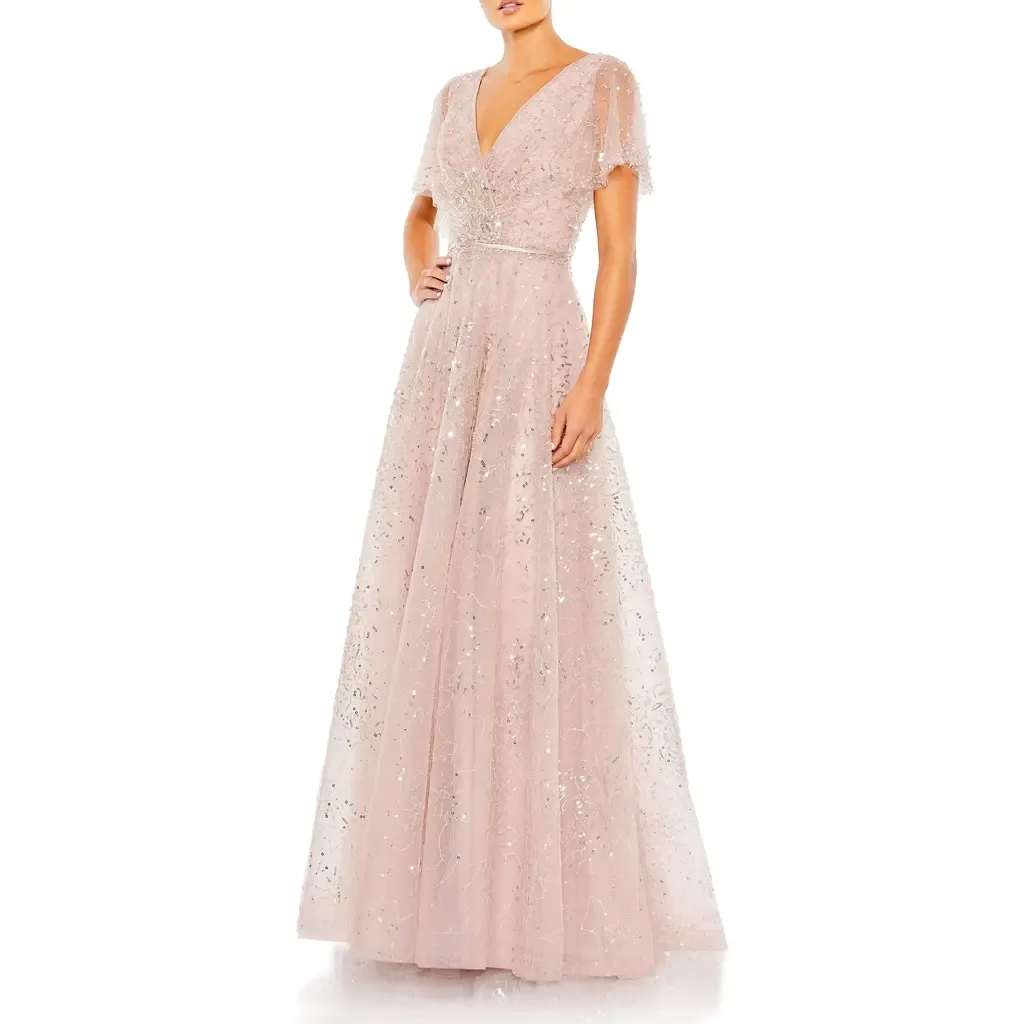 Embellished Butterfly Sleeve Wrap Evening Gown by Mac Duggal
