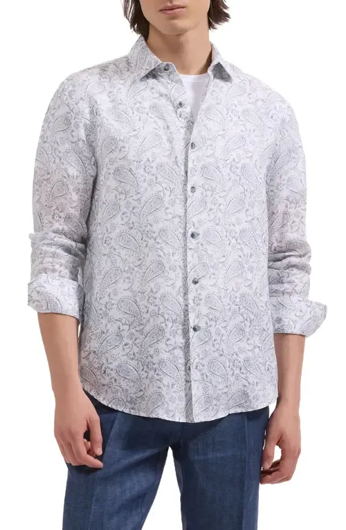 Julian Shaped Fit Paisley Print Linen Button-Up Shirt by Bugatchi