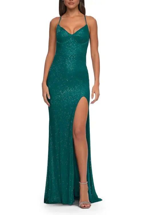 Line Sequin Stretch Prom Dress with Defined Cups