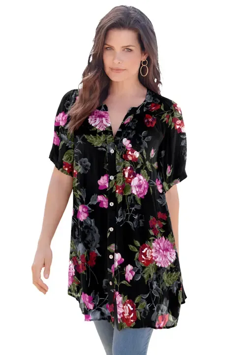 Angelina Crinkle Crepe Y Neck Short Sleeve Tunic by Roaman's