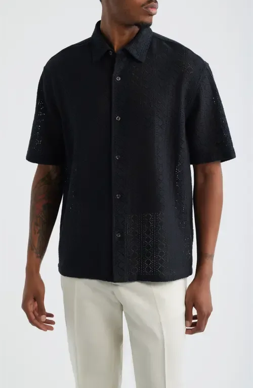 Boxy Lace Short Sleeve Button-Up Shirt