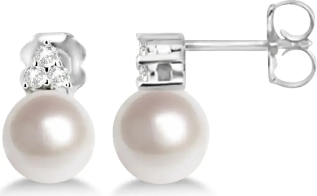 Freshwater Cultured Pearl & Diamond Stud Earrings 14K by ALLUREZ