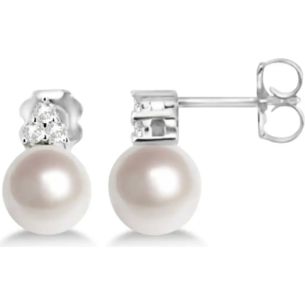 Freshwater Cultured Pearl & Diamond Stud Earrings 14K by ALLUREZ