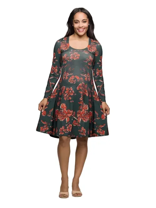 Long Sleeve Fit and Flare Dress in Floral Print by 24seven Comfort Apparel