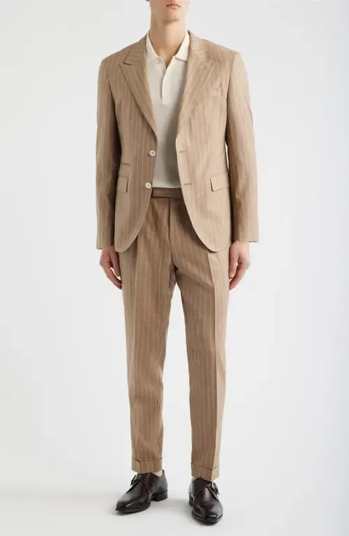 Heston Slim Fit Pinstripe Wool Blend Double Breasted Suit by BOSS Camel