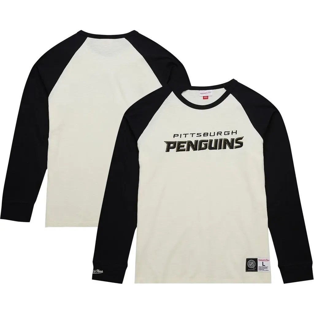 Mitchell & Ness Cream Pittsburgh Penguins Legendary Slub Vintage Raglan Long Sleeve T-Shirt by Mitchell & Ness