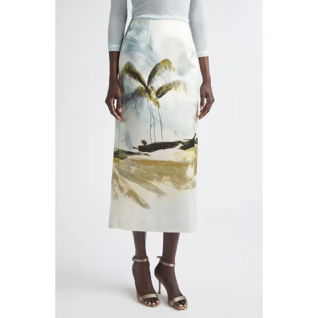 Dominican Landscape Satin Pencil Skirt by Oscar de la Renta