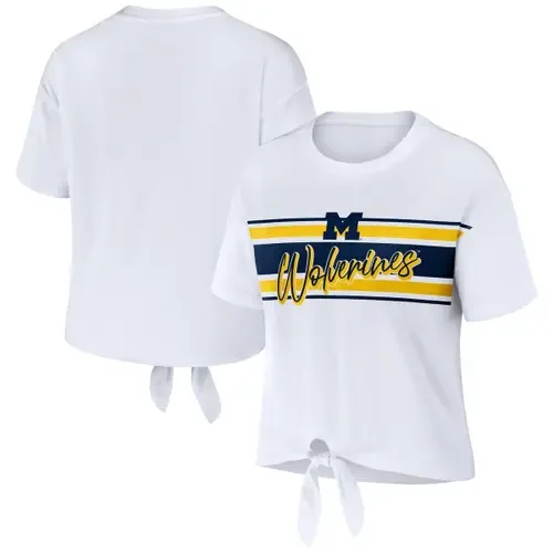 WEAR by Erin Andrews Michigan Wolverines Striped Front Knot Cropped T-Shirt by WEAR by Erin Andrews