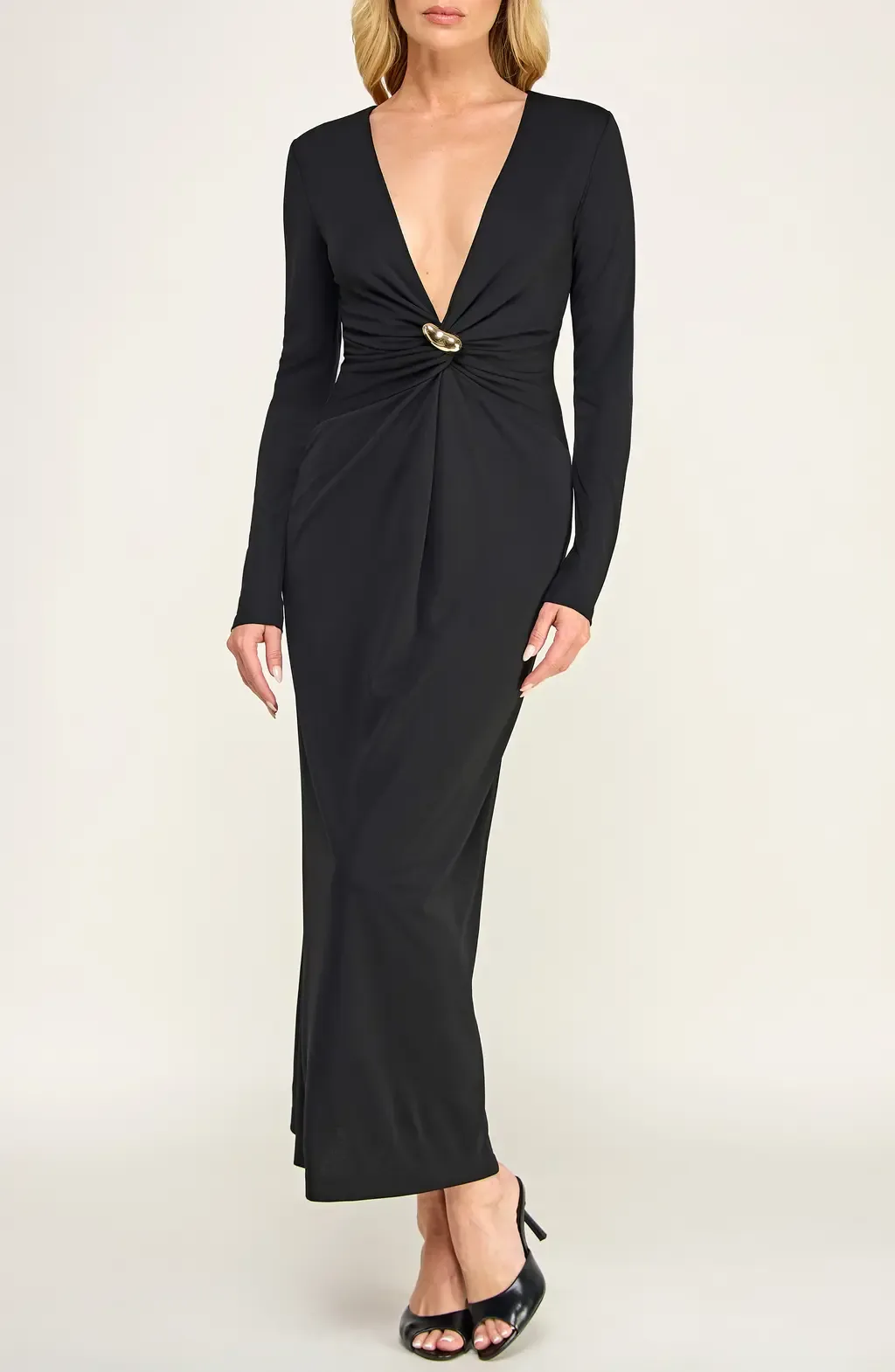 Buckle Detail Long Sleeve V-Neck Midi Dress