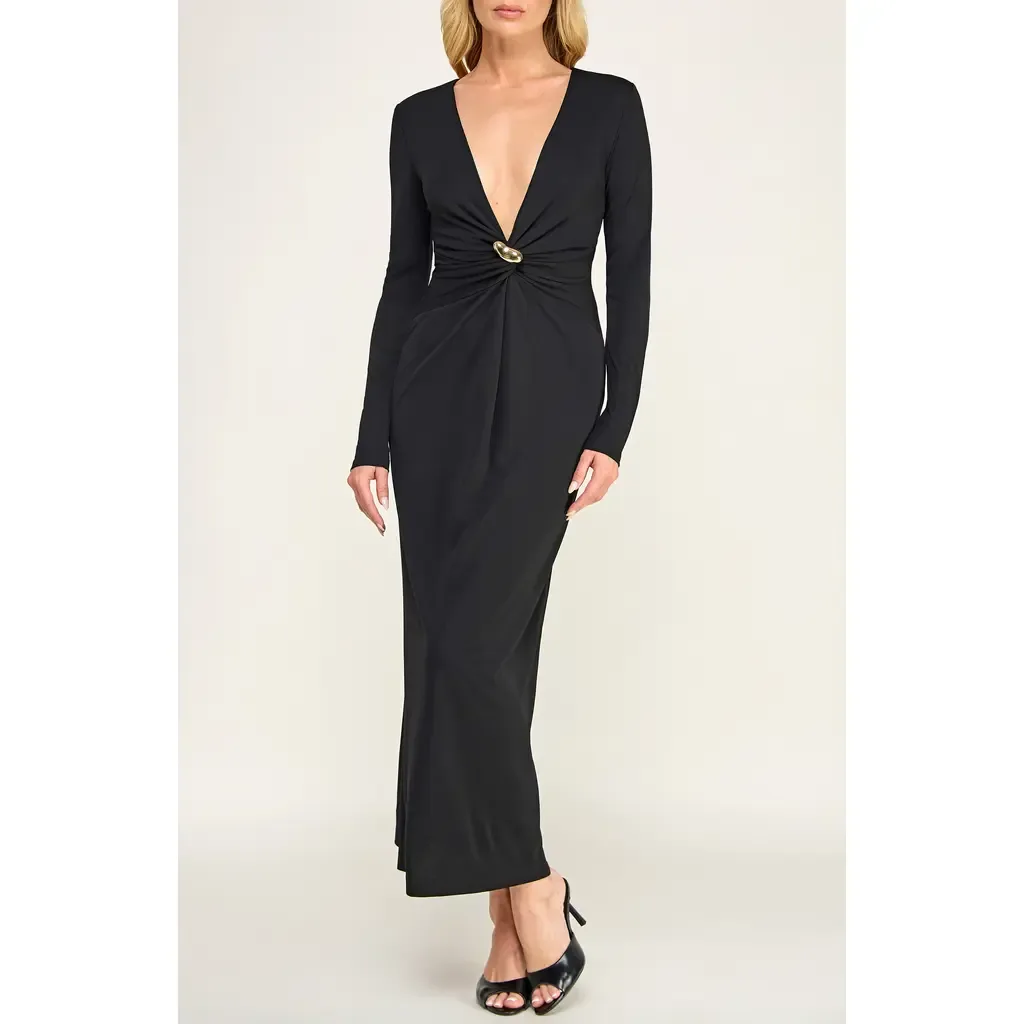Buckle Detail Long Sleeve V-Neck Midi Dress by Socialite