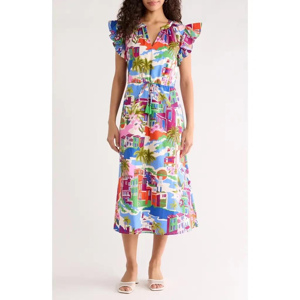 Rumi Town Tiarna Print Flutter Sleeve Tie Waist Midi Dress by SUGARLIPS