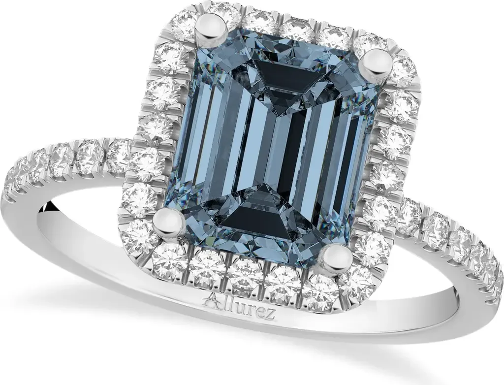 Emerald-Cut Lab Gray Spinel & Diamond Engagement Ring 14k by ALLUREZ