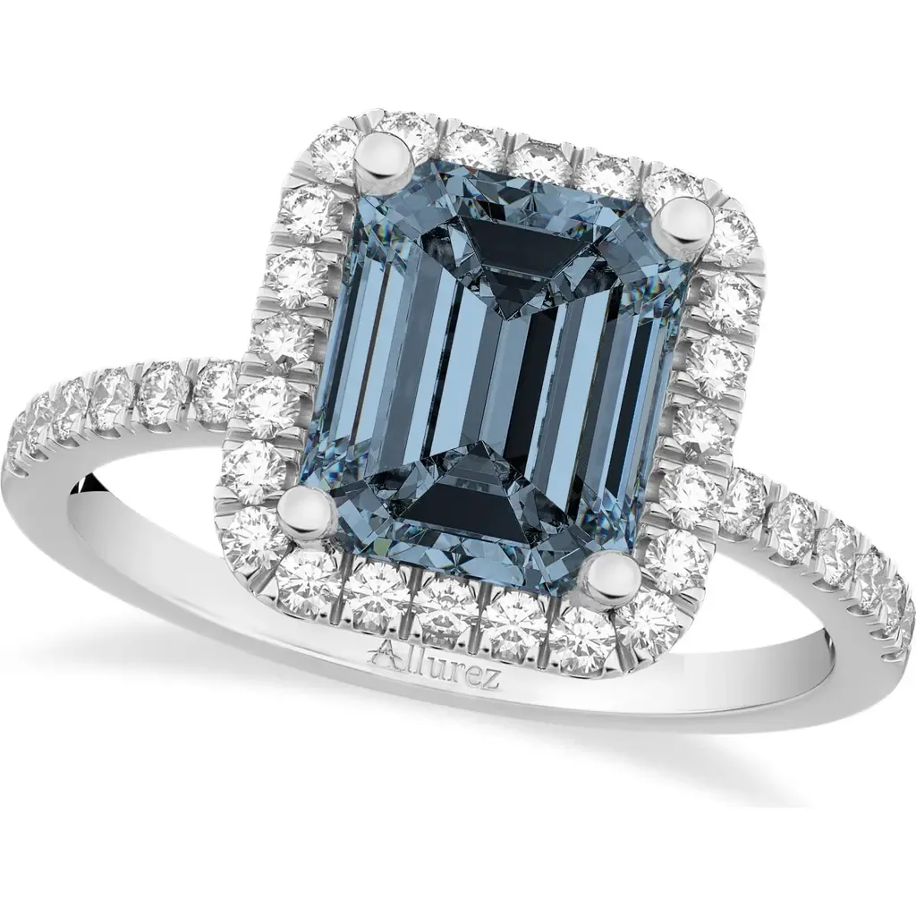Emerald-Cut Lab Gray Spinel & Diamond Engagement Ring 14k by ALLUREZ