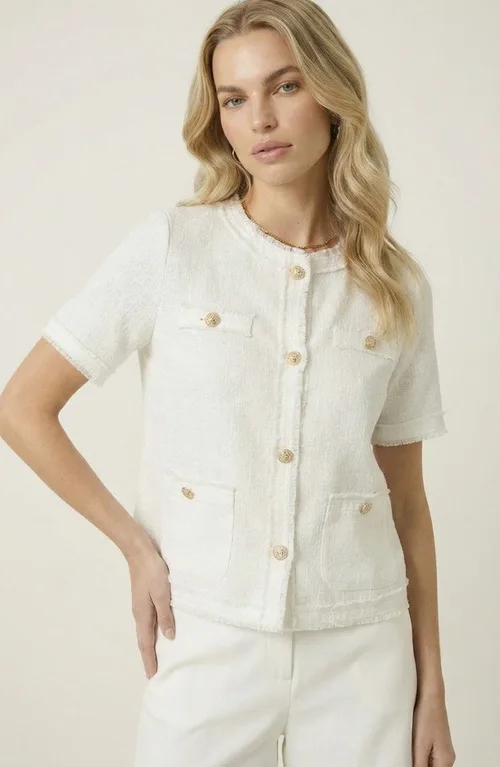 Textured Short Sleeve Frayed Trim Jacket by Modenaire