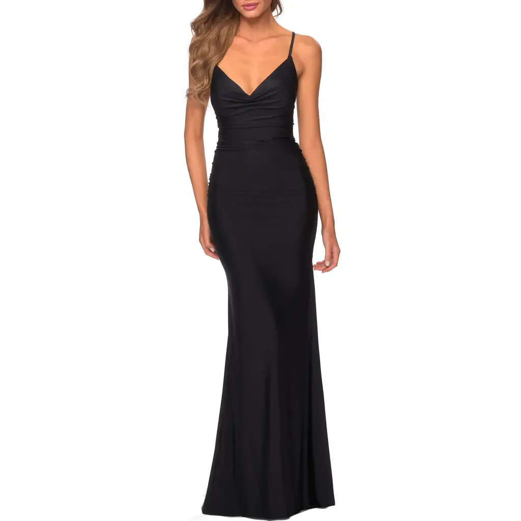 Long Jersey Dress with Draped V-Neckline and Ruching by La Femme