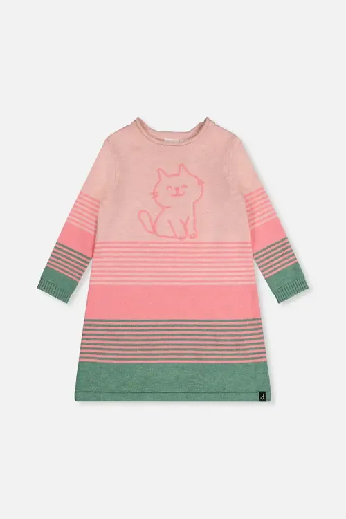 Knitted Stripe Cat Appliqué A-Line Dress by Deux par Deux