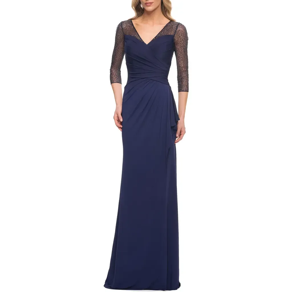 Jersey Long Dress with Beading and Ruffle Skirt by La Femme