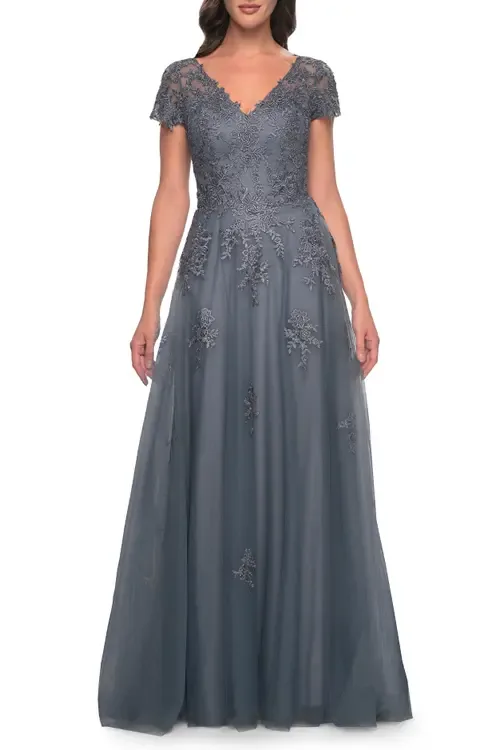 A-Line Tulle Gown with Lace Applique and Short Sleeves
