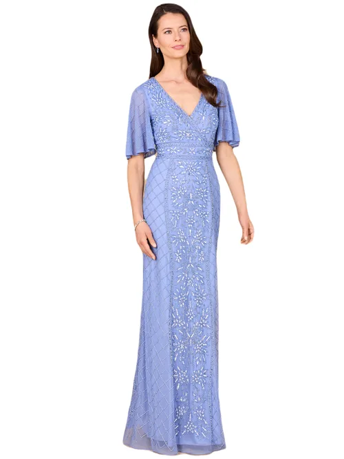 V-Neck, Cape Sleeve Beaded Gown by LARA New York