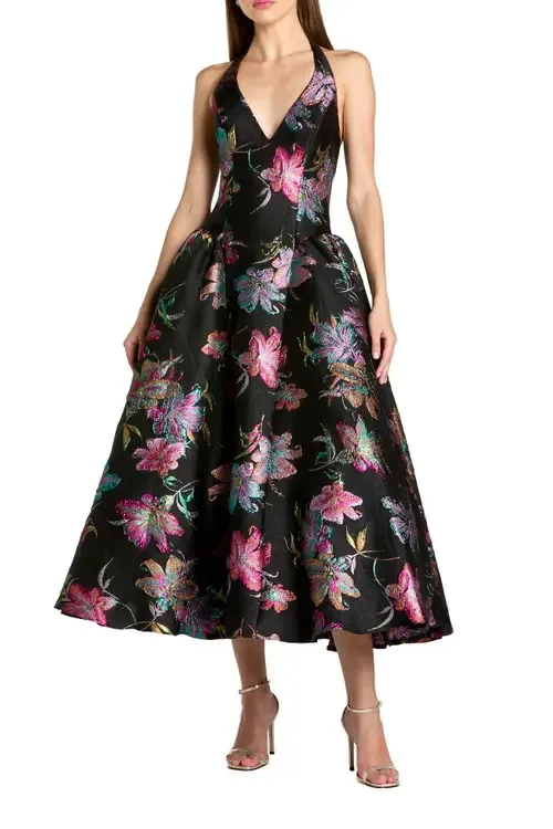 Floral Brocade Halter Neck Open Back Midi Dress by Mac Duggal